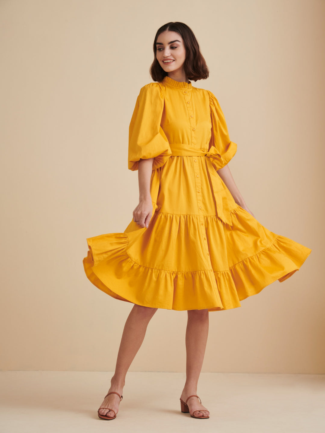 Femella Mustard Cotton Tiered Fit & Flare Midi Dress Online For Women