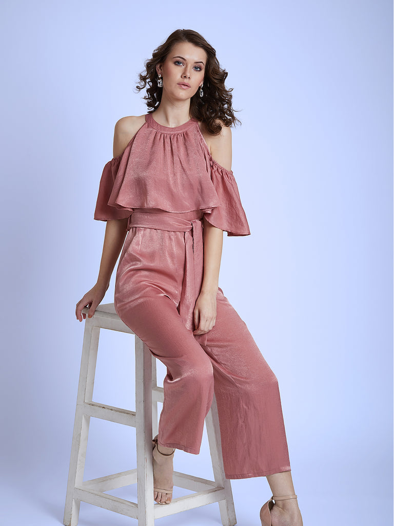 pink cold shoulder jumpsuit