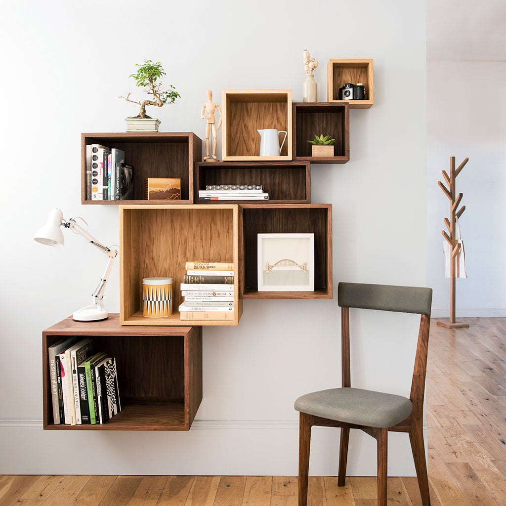 solid wood cube shelves in walnut or oak