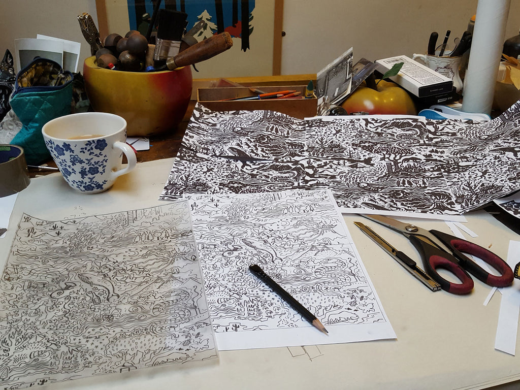 Alexis Snell's studio behind the scenes textile design for The Monkey Puzzle Tree