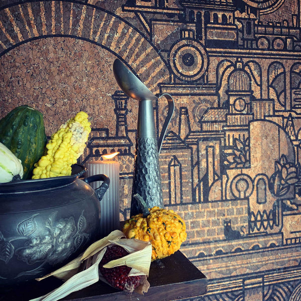 Rustic autumnal halloween styling pewter and gourds