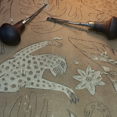 Lino carving by Alexis Snell behind the scenes at The Monkey Puzzle Tree