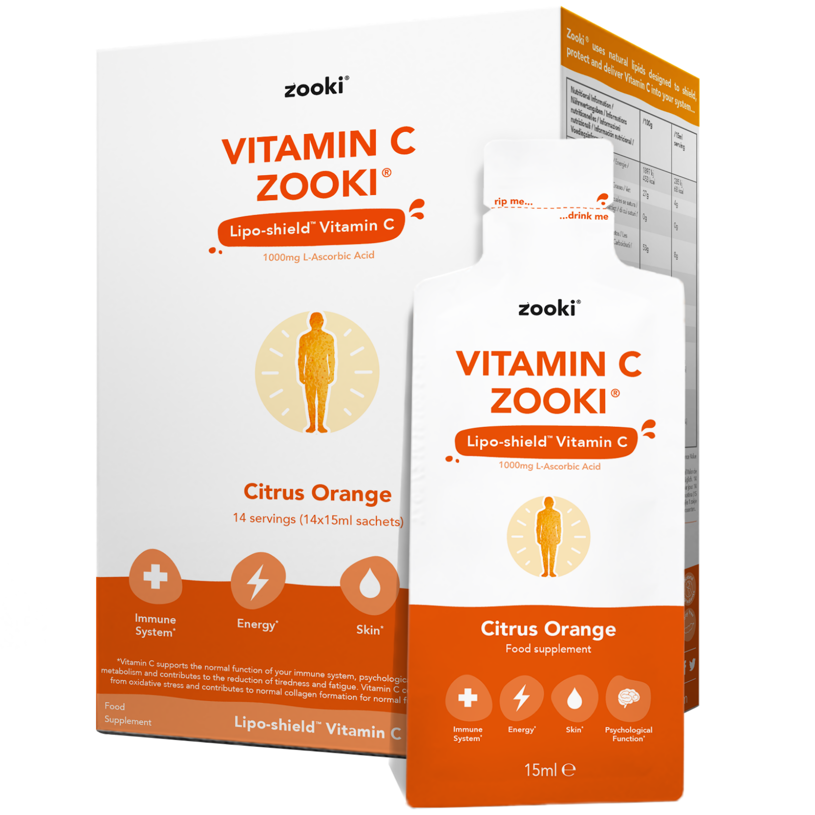 Vitamin C Zooki - Vitamin C 1000mg Liquid Sachets - Citrus Orange - Alcohol Free, Vegan, Soy Free, Natural Ingredients - Immune System, Skin & Energy Support