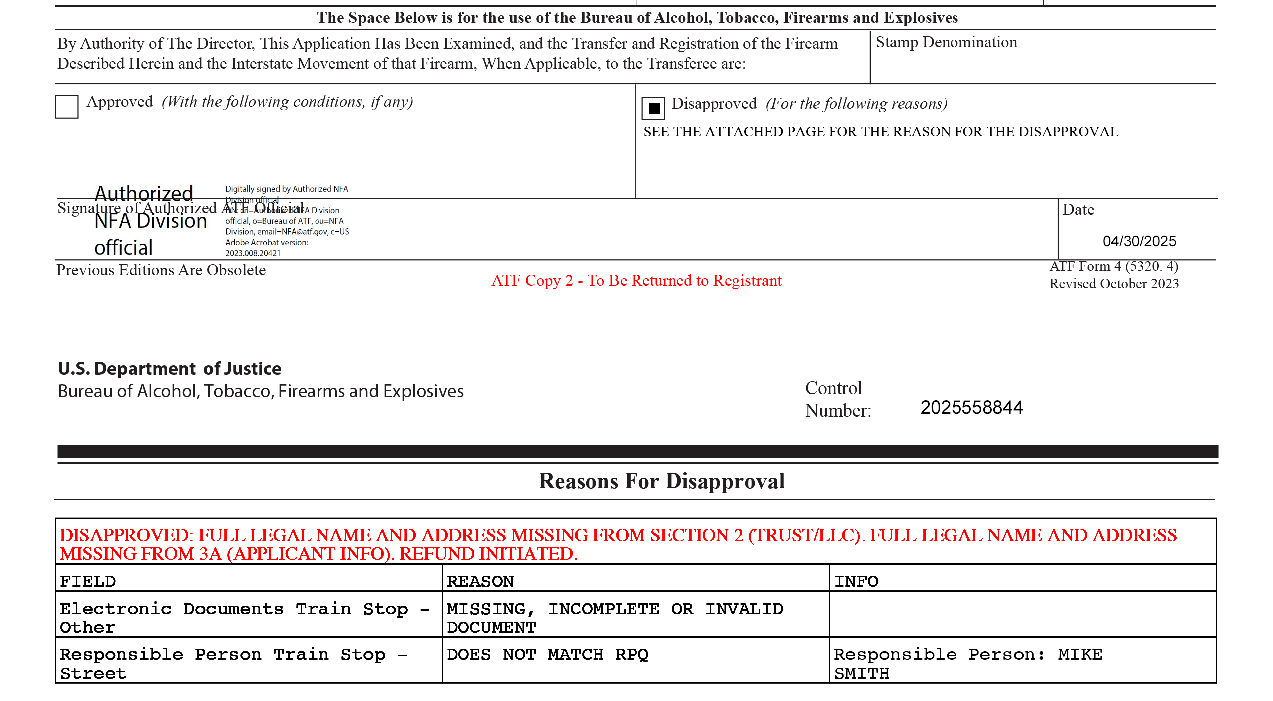 ATF eForm Disapproval Format Changed - Updated Details Table