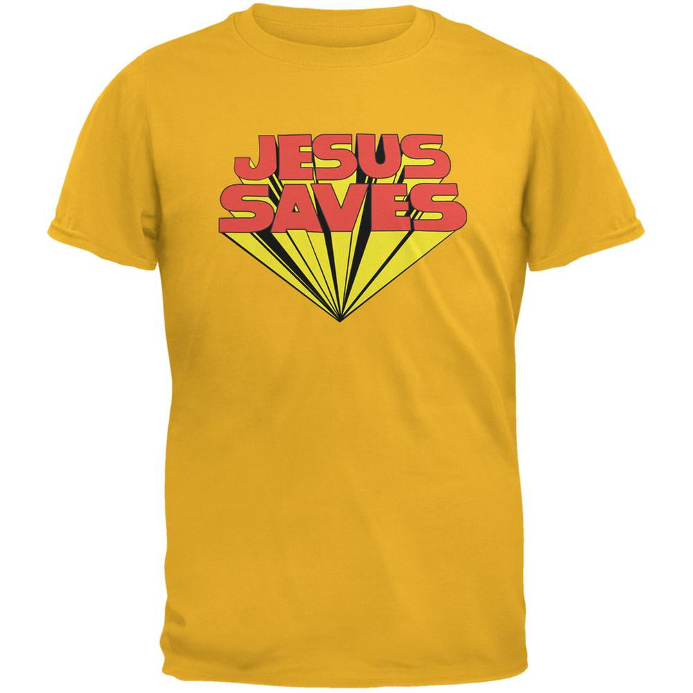 Jesus Saves Inspired By Keith Moon Gold Adult T-Shirt – Old Glory