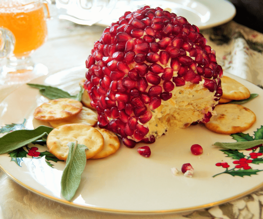 cheese ball rolled in pomegranate seeds