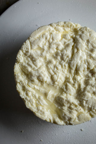 overhead view of wheel of homemade ricotta salata on white plate