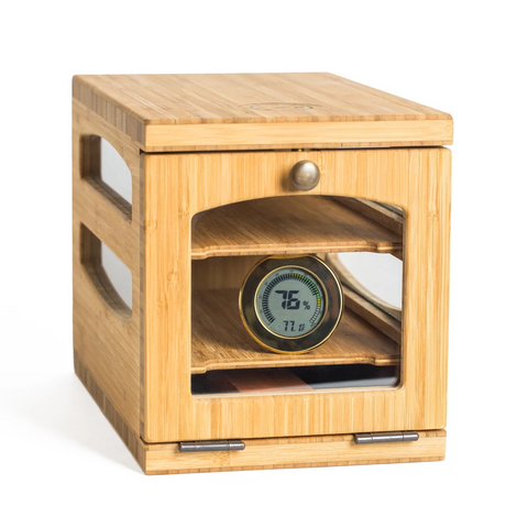 wooden cheese storage box with clear window in front shows wooden shelves and LCD digital hygrometer thermometer inside