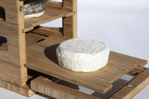 small white bloomy rind cheese on wooden shelf in wooden cheese storage box against gray background