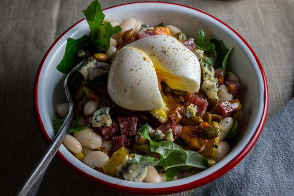 white bean and blue cheese salad with salami