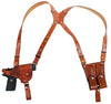 TOM'S "HORIZONTAL COVERT" - CUSTOM HAND-MADE DOUBLE THICK REINFORCED LEATHER SEMI-AUTO HORIZONTAL SHOULDER HOLSTER RIG. ATTACHES TO GUN BELT. INCLUDES 2 VERTICAL MAGAZINE POUCHES. CLICK HERE.