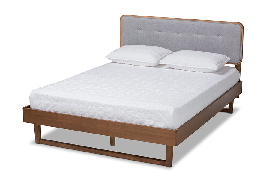 Baxton Studio Natalia Mid-Century Modern Light Grey Fabric Upholstered and Ash Walnut Finished Wood King Size Platform Bed