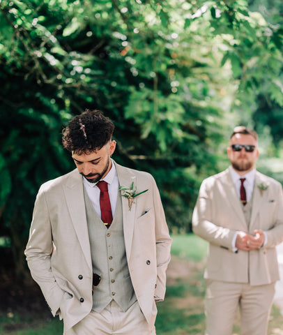 Hi Cacti Brings Tropical Florals to Larmar Tree Gardens Wedding eco friendly england sustainable vegan wedding groomsmen groom suits brown beige tattooed tattoos farther son button hole buttonhole olive leaves lavender plants babies breath