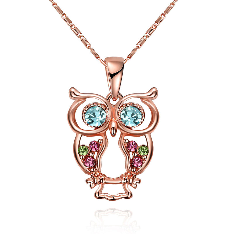 Owl Rainbow Austrian Elements Necklace in 14K Rose Gold – Golden NYC ...