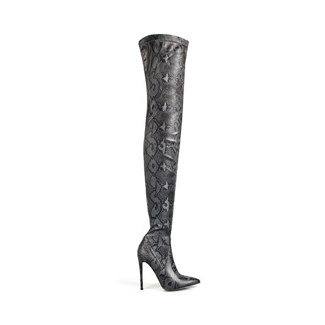grey snakeskin thigh high boots