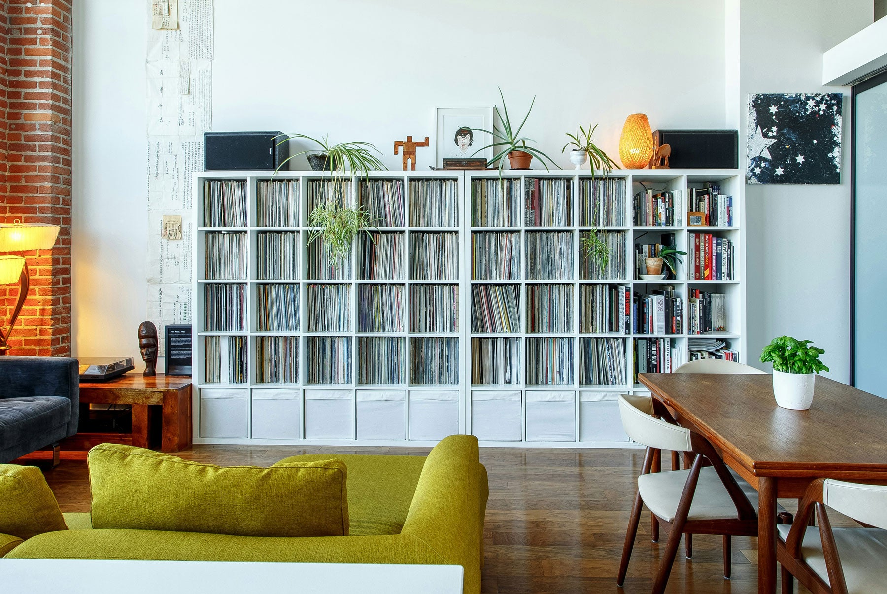 Record shelves in room
