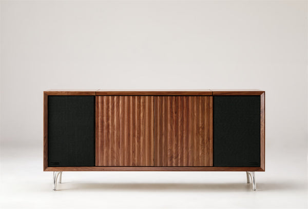 The Standard in North American Walnut with black grille and silver leg.