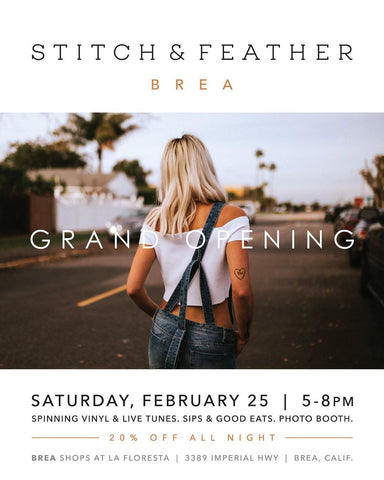 Stitch and Feather Brea Grand Opening Party Flyer