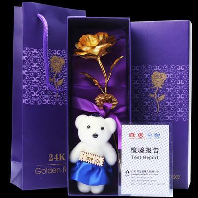 purple rose bear with box