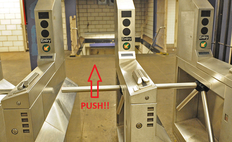 push nyc subway mta turnstile forward 