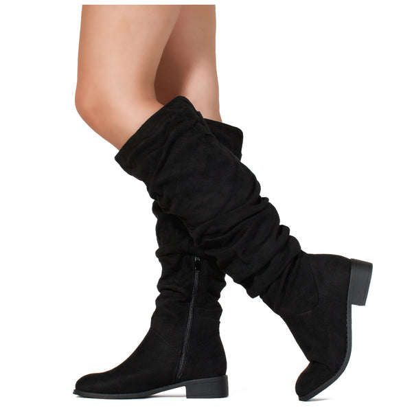 Medium Calf Slouchy Pull On Low Block Heel Knee High Boots BLACK – Room ...