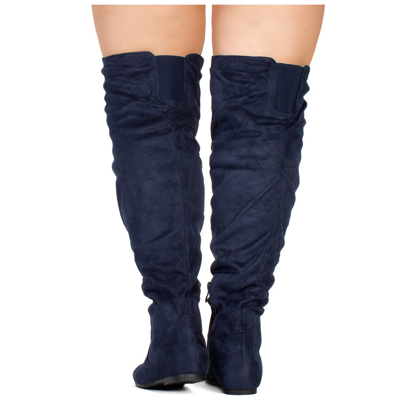 navy wide calf knee high boots