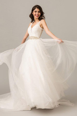 A Line Court Train V Neck Sleeveless Layers Wedding Dress