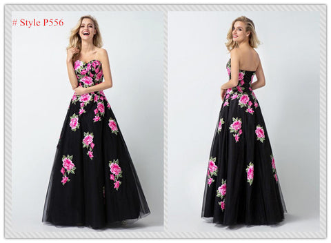 Black Tulle Sweetheart Sleeveless Floral Print Long Prom Dresses