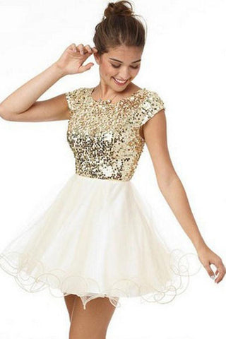 Cute Gold Sequins Short Sleeves Homecoming Dress