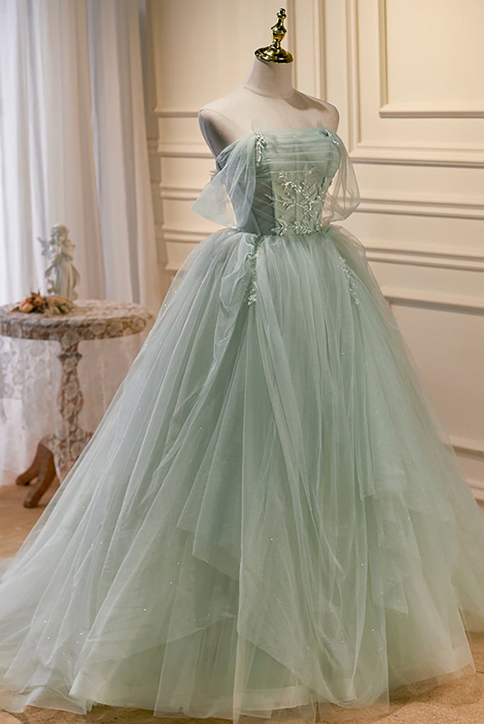 Elegant Green Off The Shoulder Tulle Prom Dresses – Ombreprom