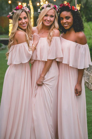 Pink Off-shoulder Boho Bridesmaid Dresses