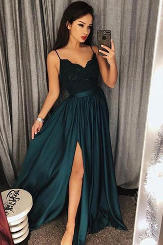 Satin Appliques Straps Sweep Train Prom Dresses