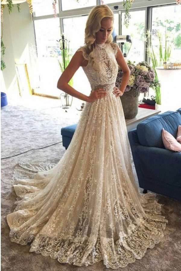 Stunning Appliques High Neck Lace Wedding Dress With Sequins W493 Ombreprom 1173