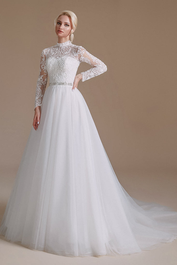 A-Line Lace Appliques Long Sleeve Tulle Chapel Train Wedding Dress ...