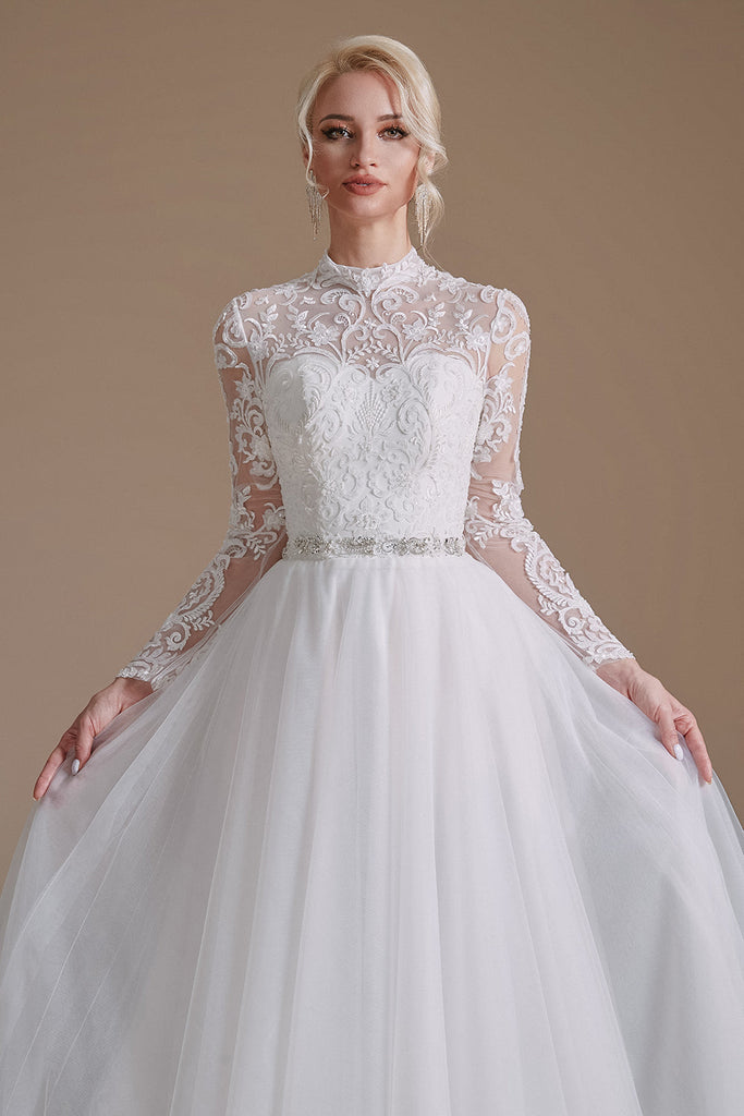 A-Line Lace Appliques Long Sleeve Tulle Chapel Train Wedding Dress ...