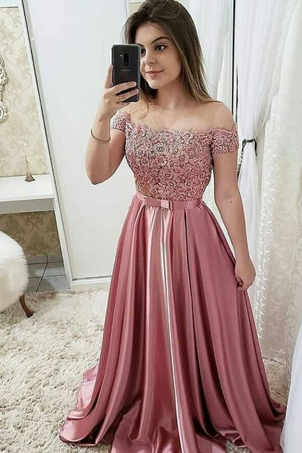 Chic Burgundy Off Shoulder Floor Length Satin Lace Prom Dresses P971