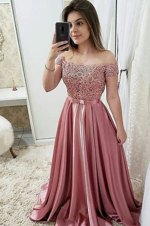 Chic Burgundy Off Shoulder Floor Length Satin Lace Prom Dresses Ombreprom 