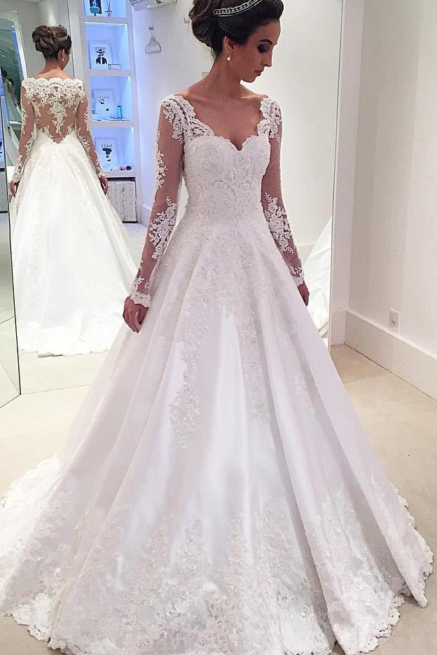 Unique Elegant V Neck Satin Lace Modest Plus Size Wedding Dress – Ombreprom