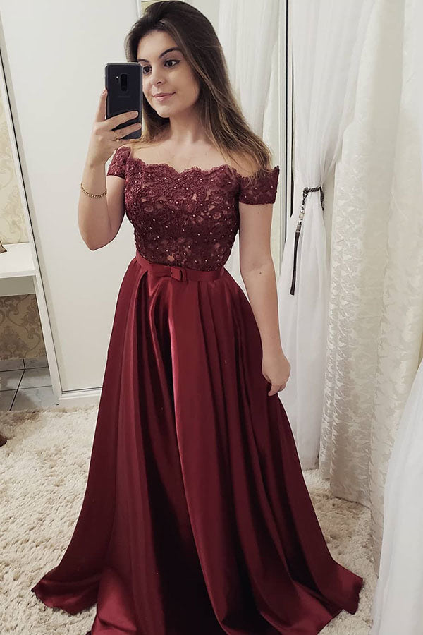 Chic Burgundy Off Shoulder Floor Length Satin Lace Prom Dresses P971 Ombreprom 