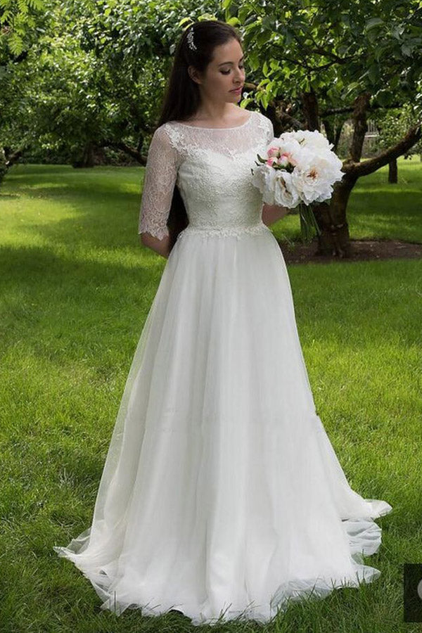 A Line Brush Train Half Sleeve Lace Wedding Dress Beach Wedding