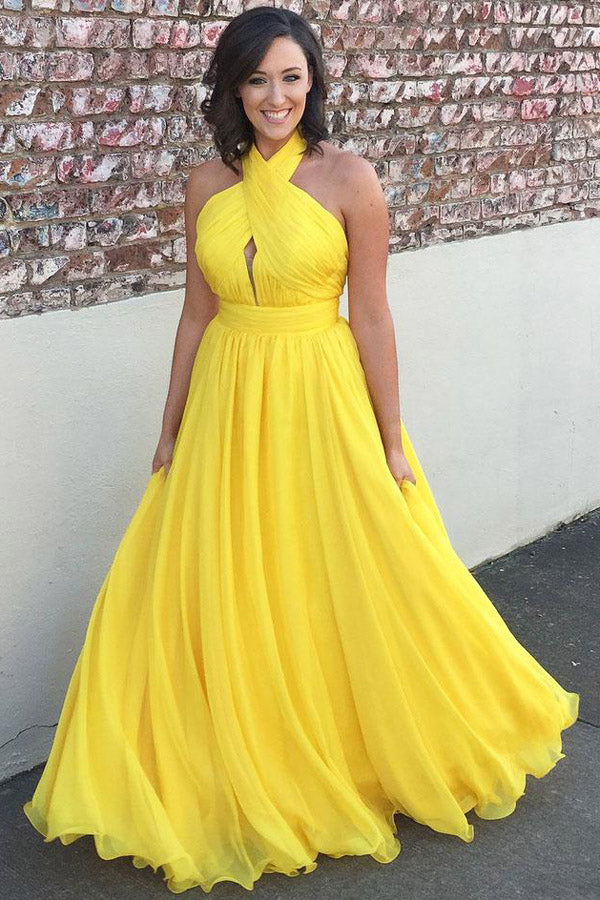 Yellow A Line Floor Length Halter Sleeveless Backless Bridesmaid