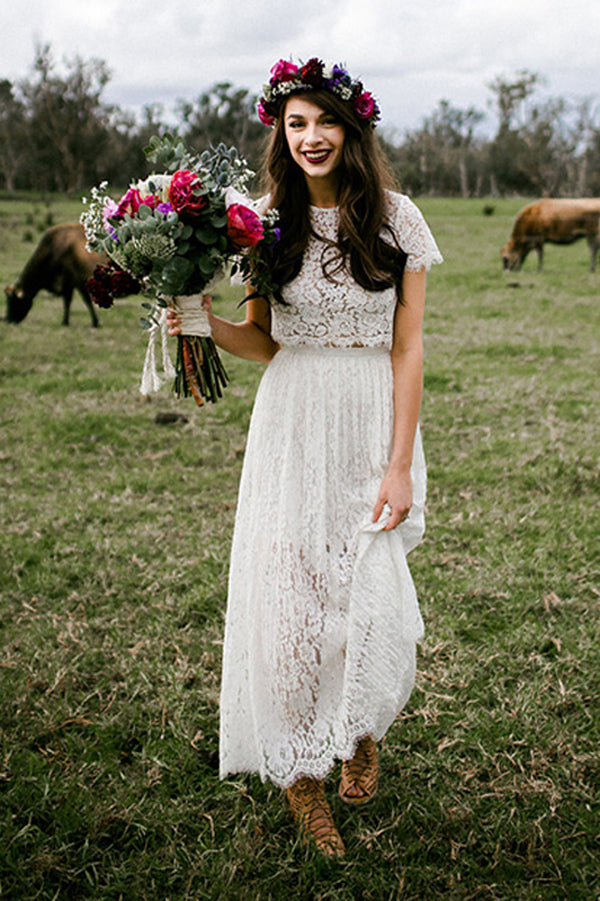 White A Line Two Piece Ankle Length Short Sleeves Lace Wedding Dress