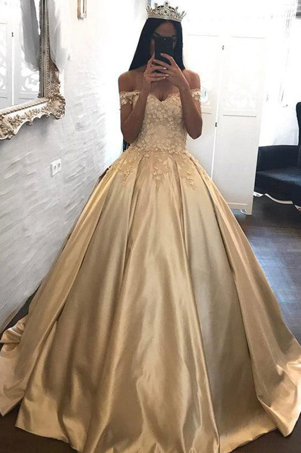 Unique Gold Ball Gown Floor Length Off The Shoulder Long Prom Dress Ombreprom 0927