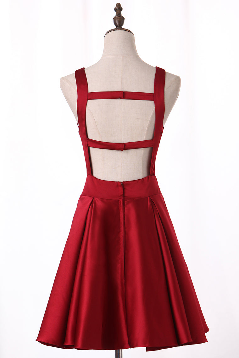 Open Back Cocktail Dresses V Neck A Line Satin Homecoming Dresses