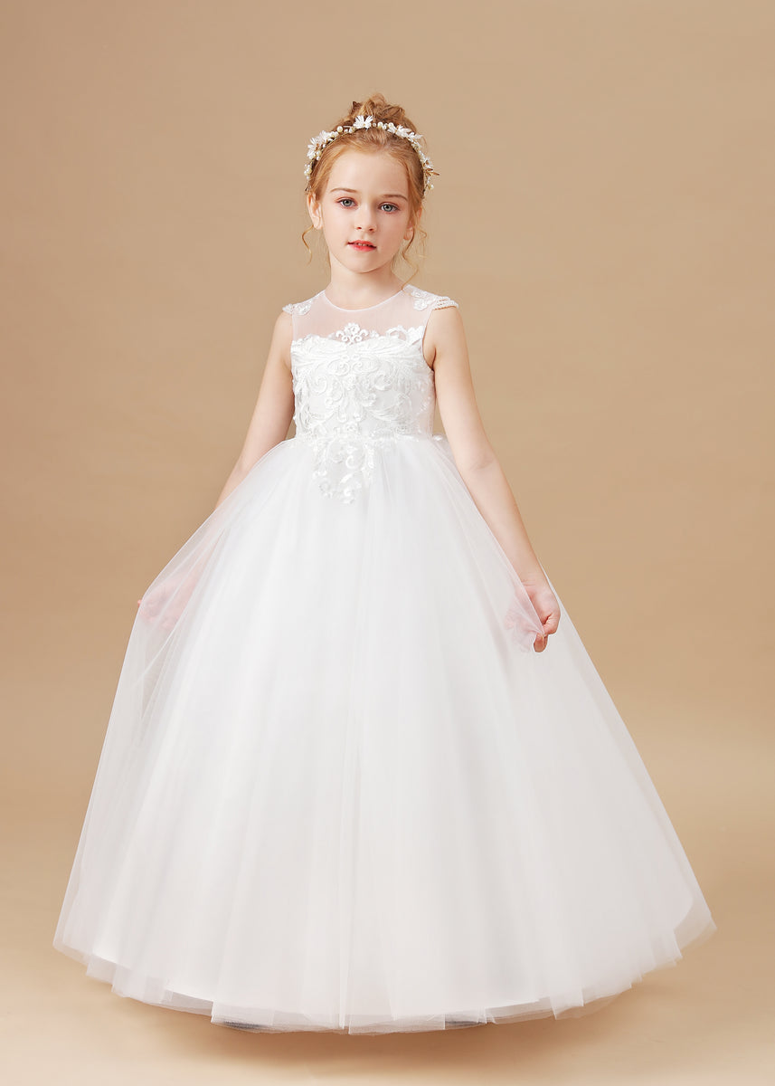 Ivory Cute Round Neck Tulle Flower Girl Dresses With Lace – Ombreprom