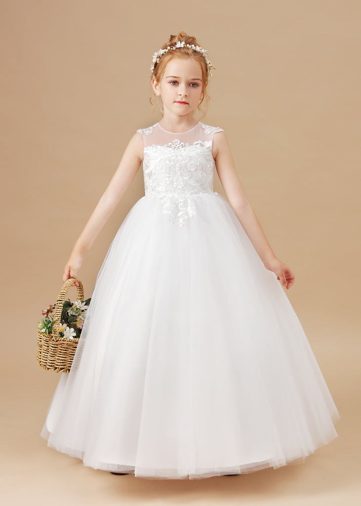 Ivory Cute Round Neck Tulle Flower Girl Dresses With Lace – Ombreprom