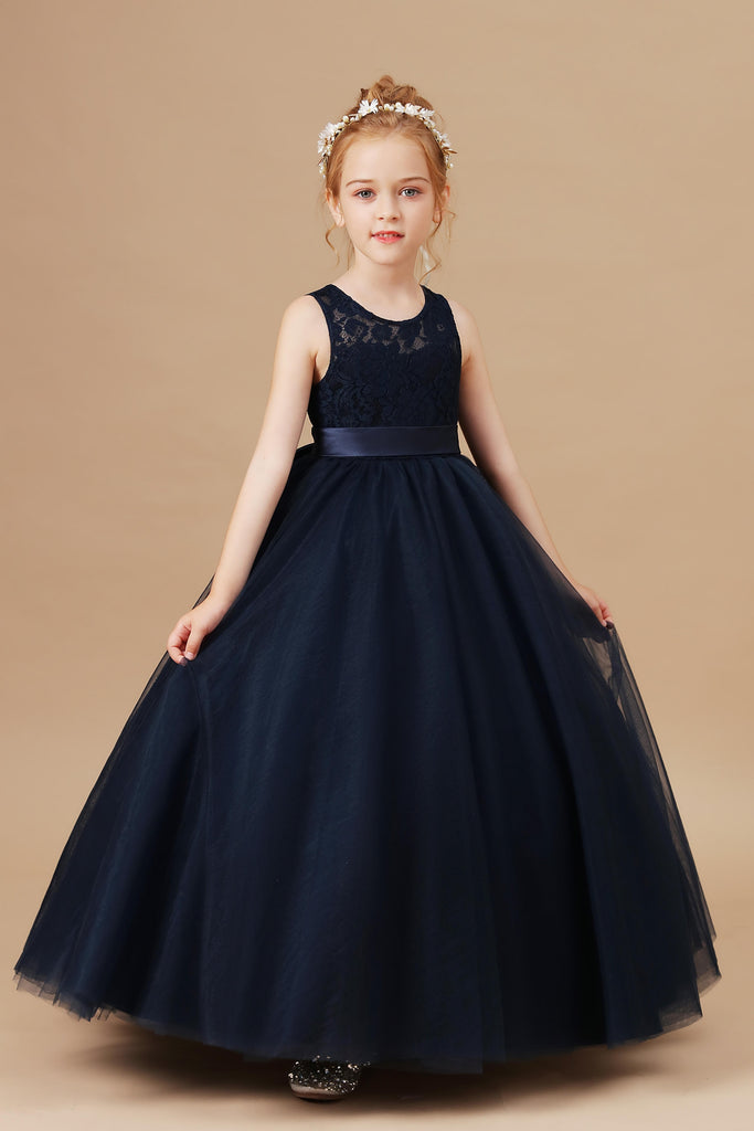 Pretty Sleeveless Stain-Sash Lace Tulle Flower Girl Dresses With Bowno ...