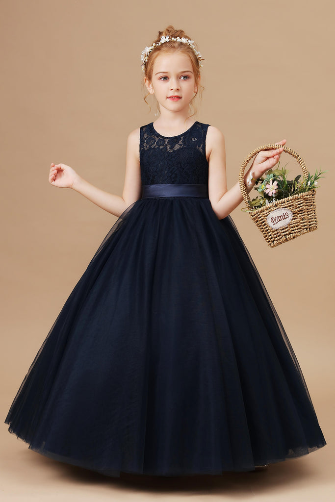 Pretty Sleeveless Stain-Sash Lace Tulle Flower Girl Dresses With Bowno ...