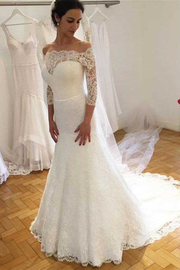 Elegant Off Shoulder Half Sleeves Sweep Train Lace Wedding Dresses Ombreprom 