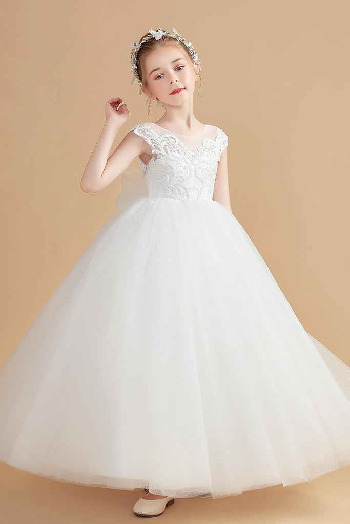Cap Sleeves Ivory Tulle Flower Girl Dresses With Bow-Knot – Ombreprom